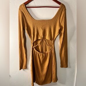 Stitch & Pine Mustard Yellow Ribbed Long Sleeve Bodycon Dress with Cutouts Large